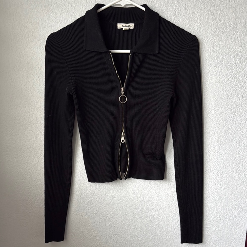 Garage Black Ribbed Zip-Up Sweater
